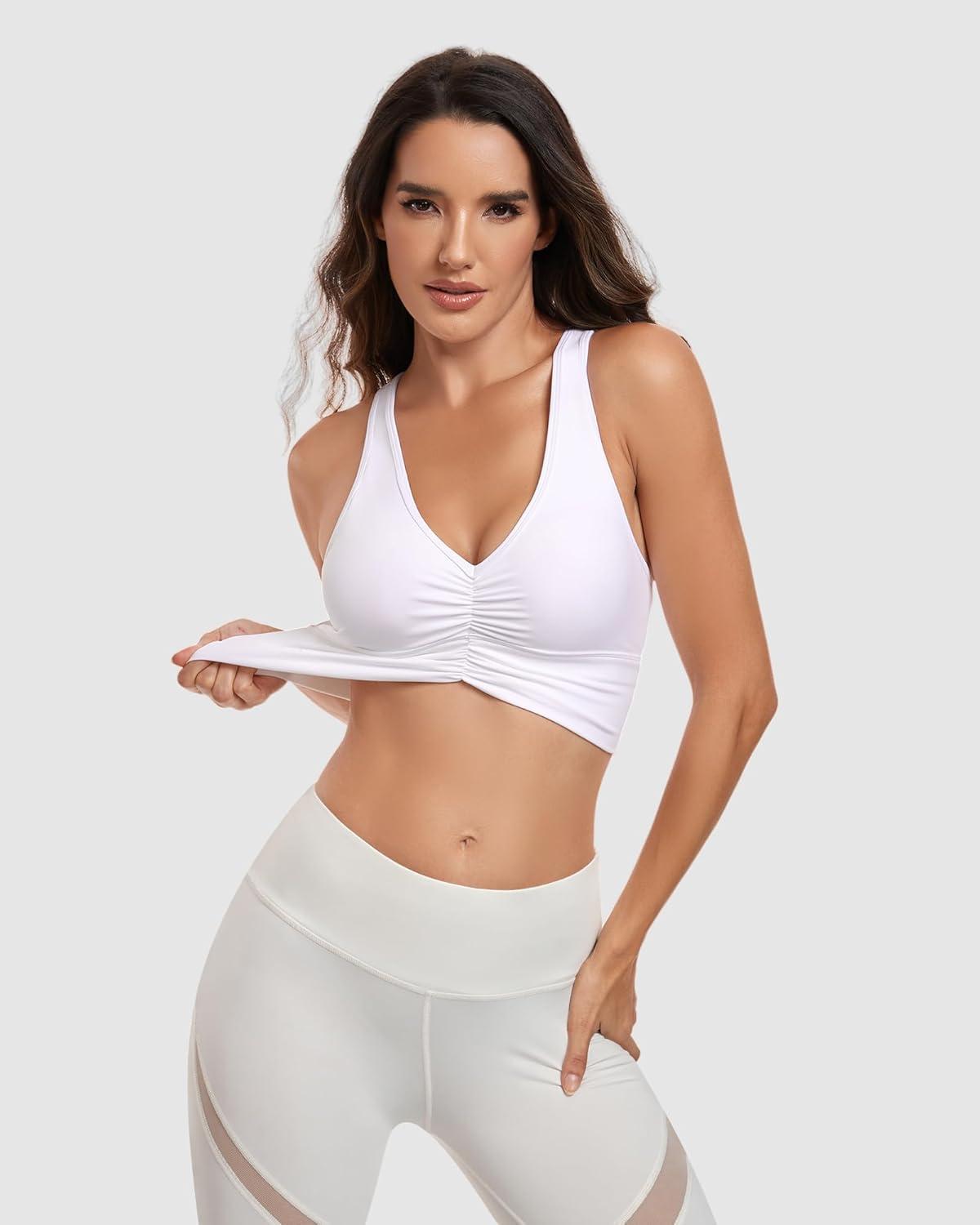 imageHORISUN Womens Ruched VNeck Longline Sports Bra Racerback Paded Yoga Activewear Moisture Wicking Low Cut Crop Tank Top WhiteXL