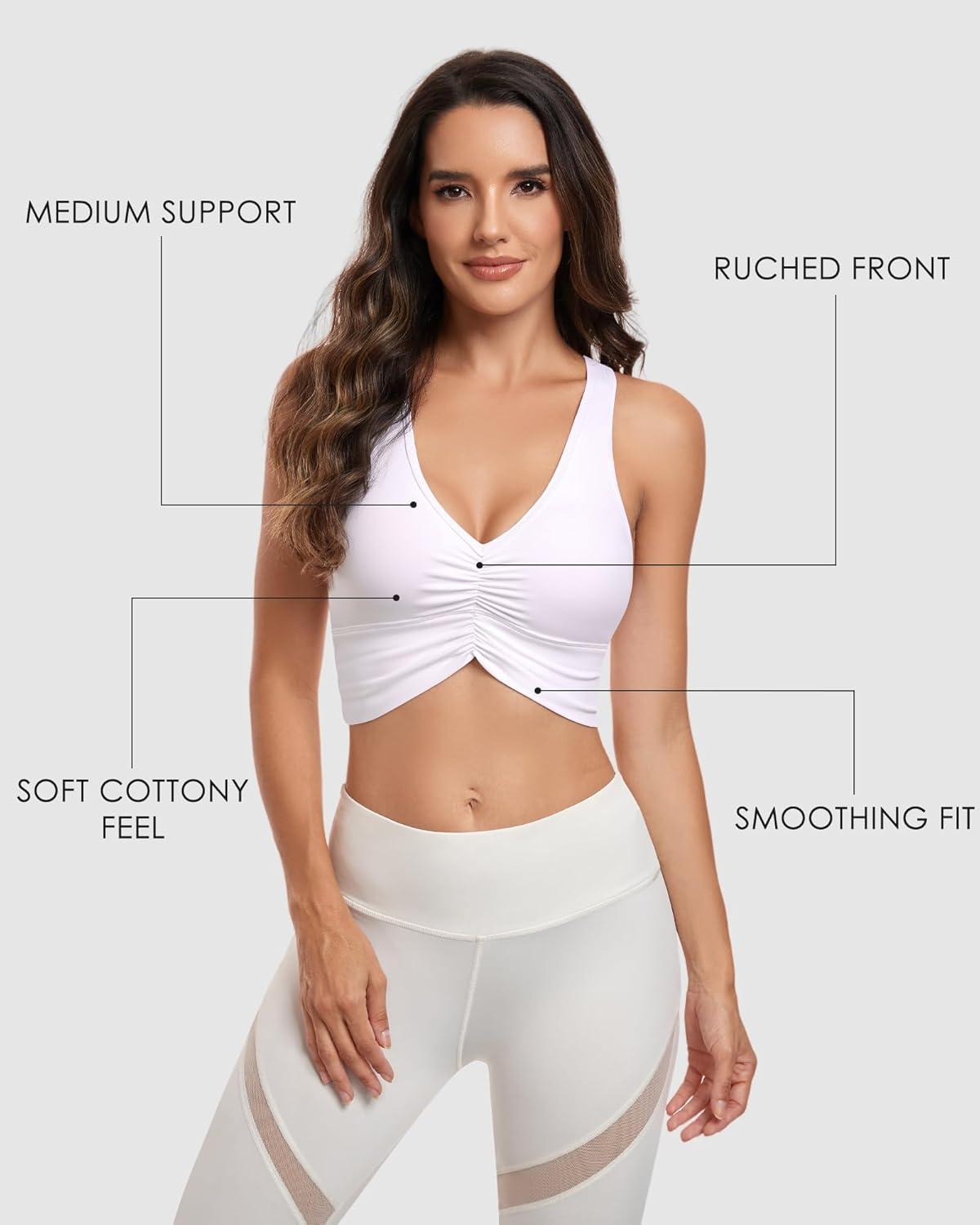 imageHORISUN Womens Ruched VNeck Longline Sports Bra Racerback Paded Yoga Activewear Moisture Wicking Low Cut Crop Tank Top WhiteXL