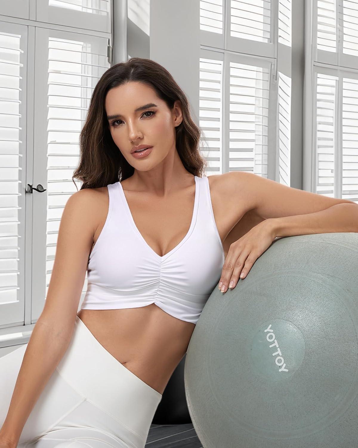 imageHORISUN Womens Ruched VNeck Longline Sports Bra Racerback Paded Yoga Activewear Moisture Wicking Low Cut Crop Tank Top WhiteXL