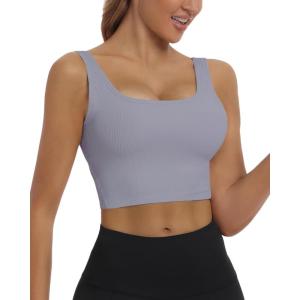 imageHORISUN Womens Sports Bra Longline Padded Wirefree Workout Tops Medium Support Seamless Ribbed Crop Tops Gym Yoga Tank Shirts