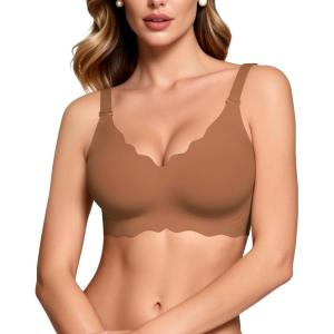 imageHORISUN Wireless Seamless Bras for Women No Underwire Wavy V Neck Soft Support Full Coverage Comfortable BraCoffee