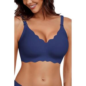 imageHORISUN Wireless Seamless Bras for Women No Underwire Wavy V Neck Soft Support Full Coverage Comfortable BraNavy Blue