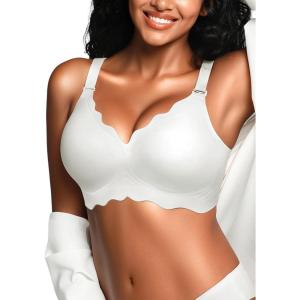 imageHORISUN Wireless Seamless Bras for Women No Underwire Wavy V Neck Soft Support Full Coverage Comfortable BraWhite