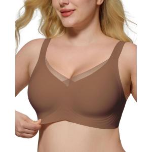 imageHORISUN Seamless Mesh Lace Bras for Women No Underwire Wireless Bras with Support and Lift Full Coverage Deep V BralettesCoffee