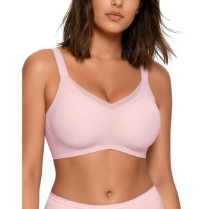 imageHORISUN Seamless Mesh Lace Bras for Women No Underwire Wireless Bras with Support and Lift Full Coverage Deep V BralettesPink