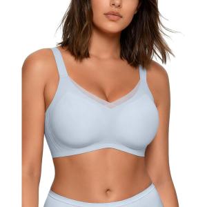 imageHORISUN Seamless Mesh Lace Bras for Women No Underwire Wireless Bras with Support and Lift Full Coverage Deep V BralettesSky Blue