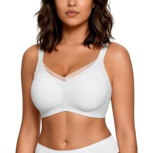 imageHORISUN Seamless Mesh Lace Bras for Women No Underwire Wireless Bras with Support and Lift Full Coverage Deep V BralettesWhite