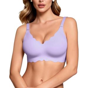 imageHORISUN Wireless Seamless Bras for Women No Underwire Wavy V Neck Soft Support Full Coverage Comfortable BraPurple