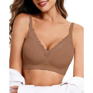 imageHORISUN Wireless No Underwire Bra for Women VNeck Lace Trim Jelly Supportive Seamless Bra Comfortable Tshirt BraletteCoffee
