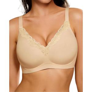 imageHORISUN Wireless No Underwire Bra for Women VNeck Lace Trim Jelly Supportive Seamless Bra Comfortable Tshirt BraletteNude