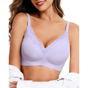 imageHORISUN Wireless No Underwire Bra for Women VNeck Lace Trim Jelly Supportive Seamless Bra Comfortable Tshirt BralettePurple